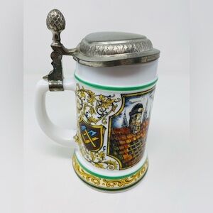 Vintage Original German BMF Milk Glass Beer Stein Mug with Lid